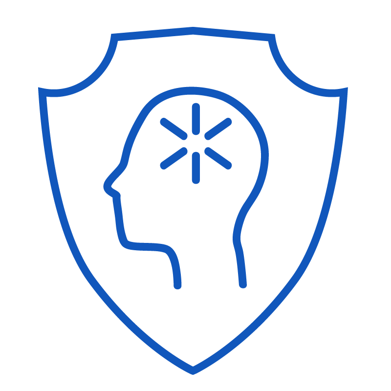 Outline of a human head with a shield background, containing a snowflake-like symbol inside the head.