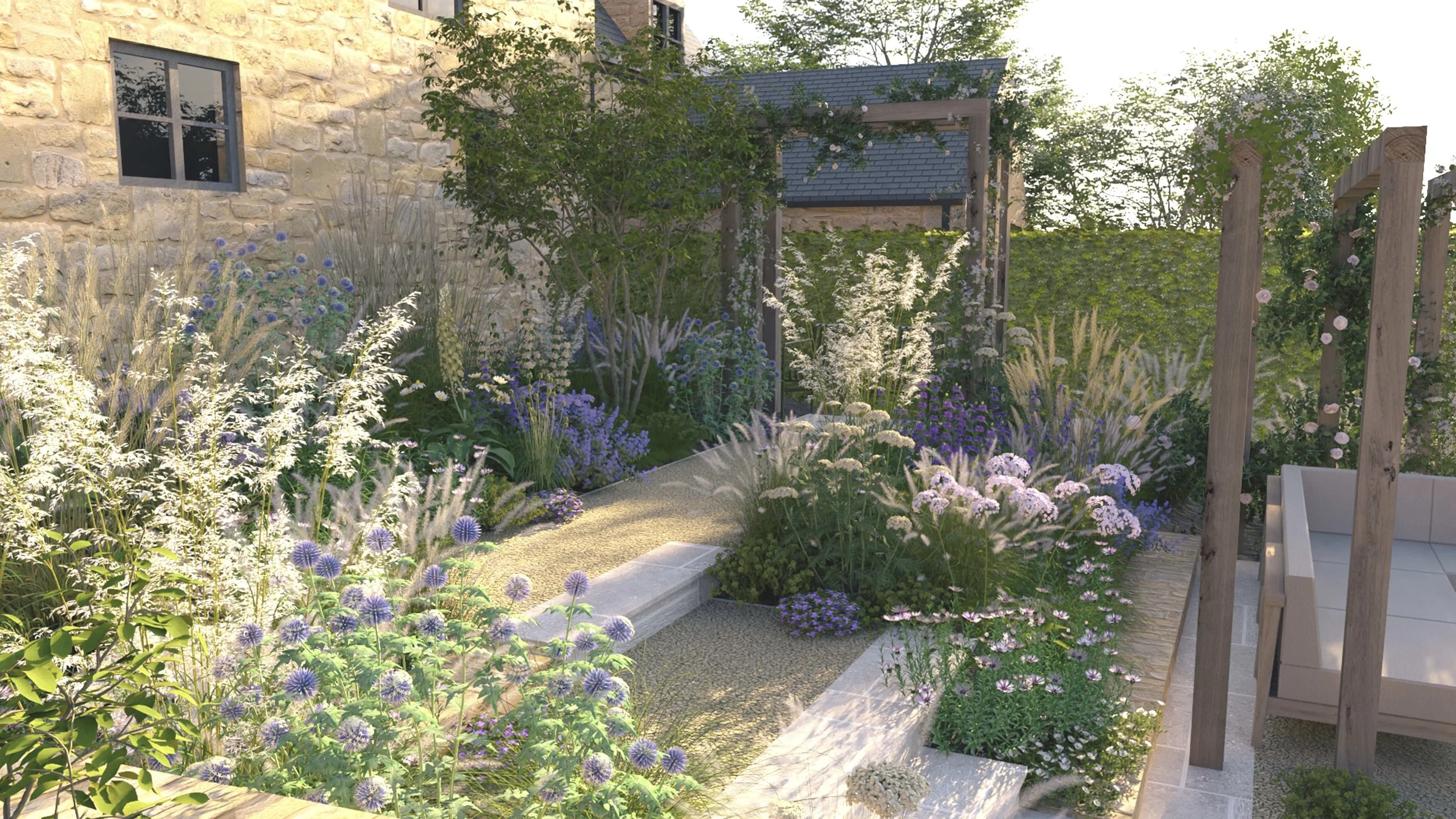 Contemporary Cotswold garden design with limestone and gravel steps, lots of beautiful naturalistic planting in soft purple white and pink