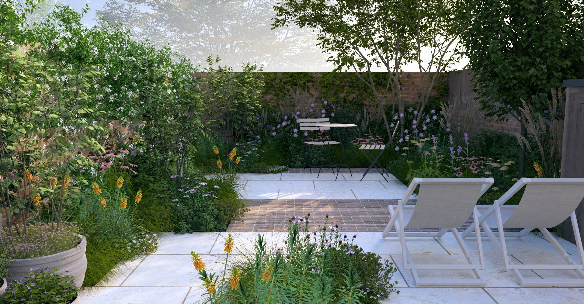 A cosy backyard courtyard garden with bistro furniture and deck chairs, surrounded by lush green plants and colourful flowers, beautiful trees, enclosed by a brick wall and wooden fence. Features clay pavers and limestone paving.