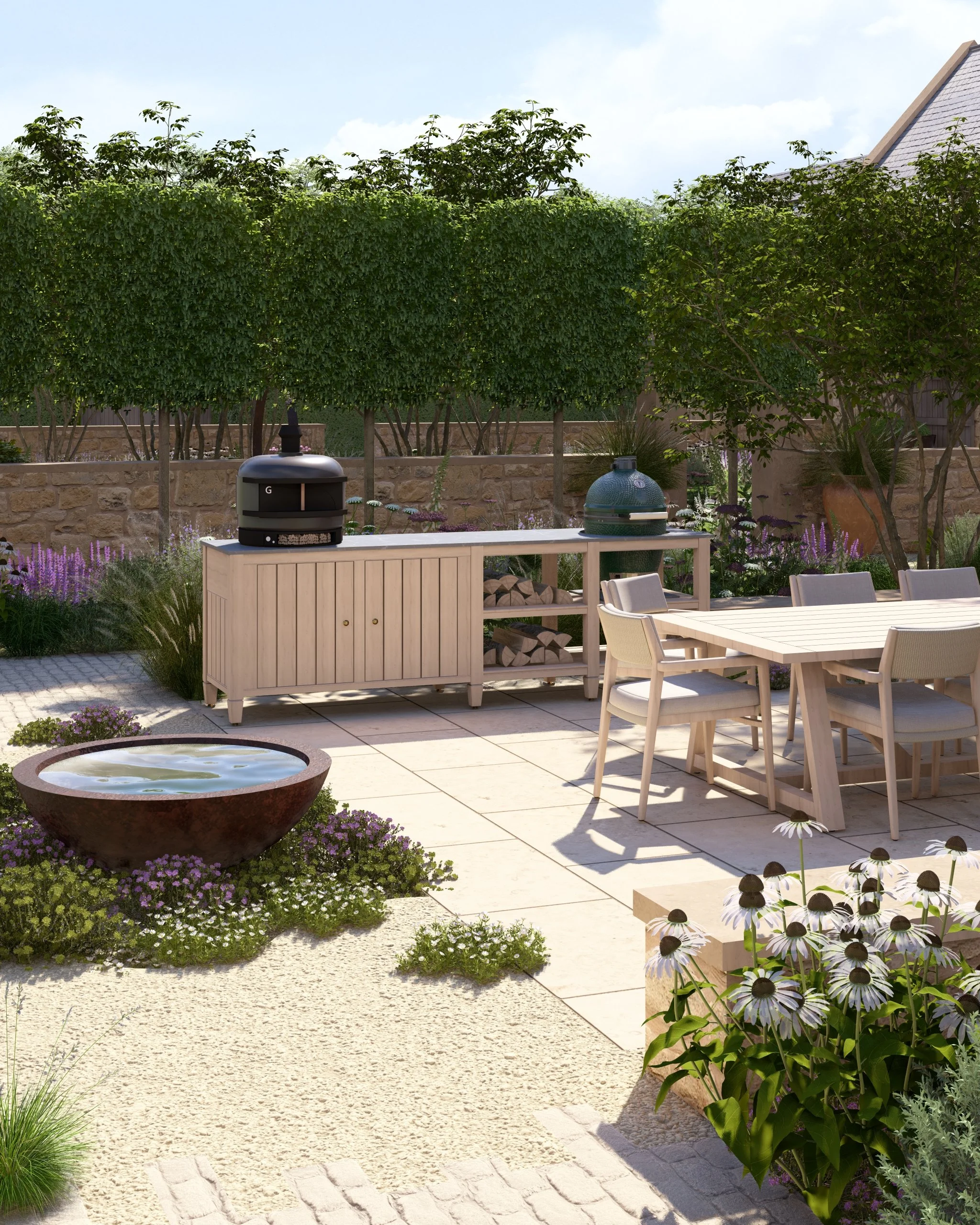 An outdoor patio with a beige table and six chairs, a wood storage cabinet with a black smoker and a green ceramic cooker on top, a fire pit surrounded by purple flowers, and a garden with green trees and plants, enclosed by a stone wall.