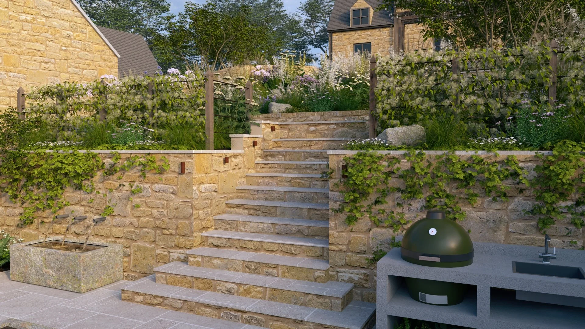 Stone staircase leading up to a garden with blooming flowers and perennial grasses, surrounded by a stone wall and greenery, with a timber and metal balustrade and espalier fruit trees, a built-in outdoor kitchen in the foreground