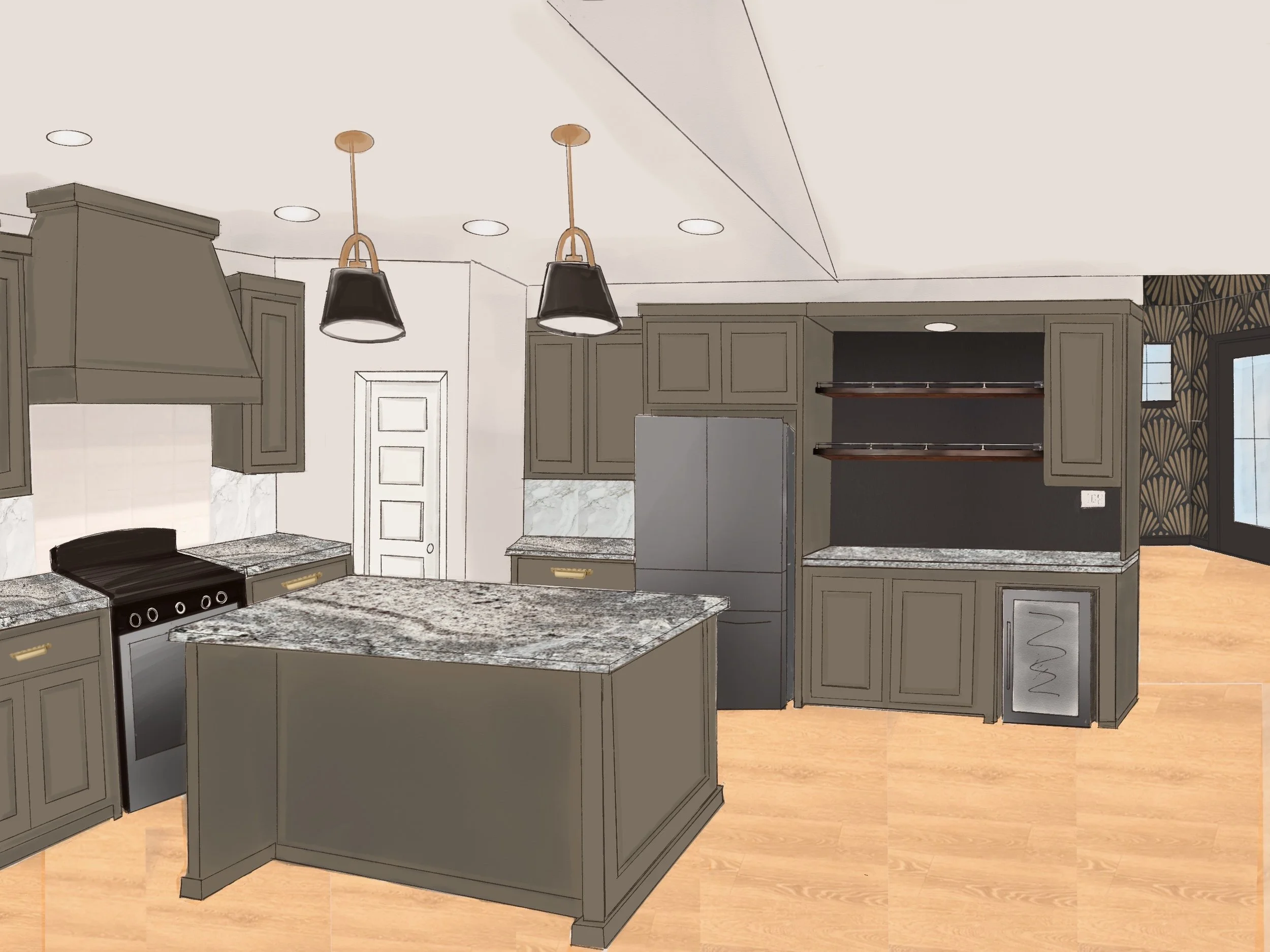 A warm, yet moody modern kitchen with SW 7040 painted cabinetry, a granite island, black pendant lights, stainless steel appliances, and hardwood floors.