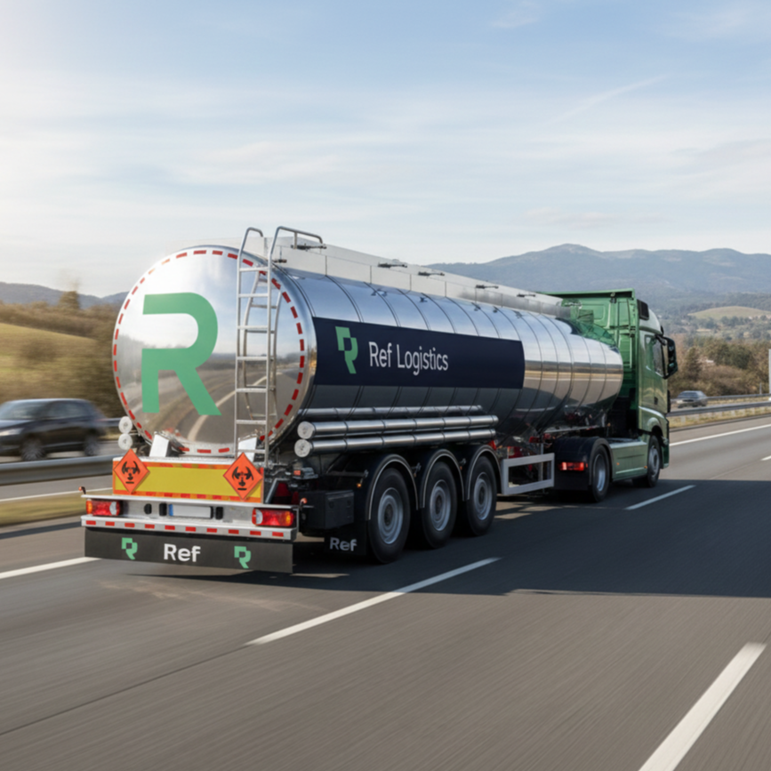 A tanker truck with a cylindrical metal tank driving on a highway, branded with 'Ref Logistics' and a green 'R' logo, with hazard warning signs on the back.