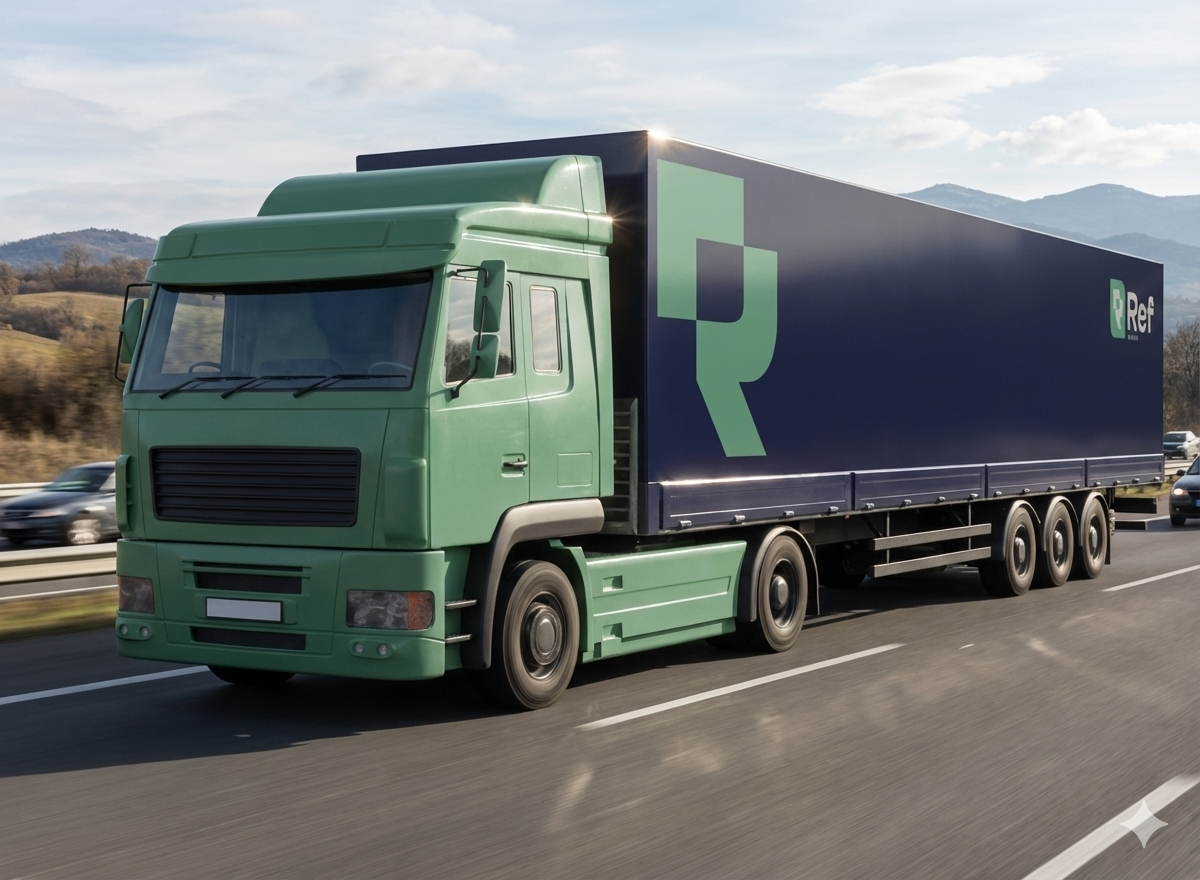 A large green and blue delivery truck driving on a highway with mountains in the background.