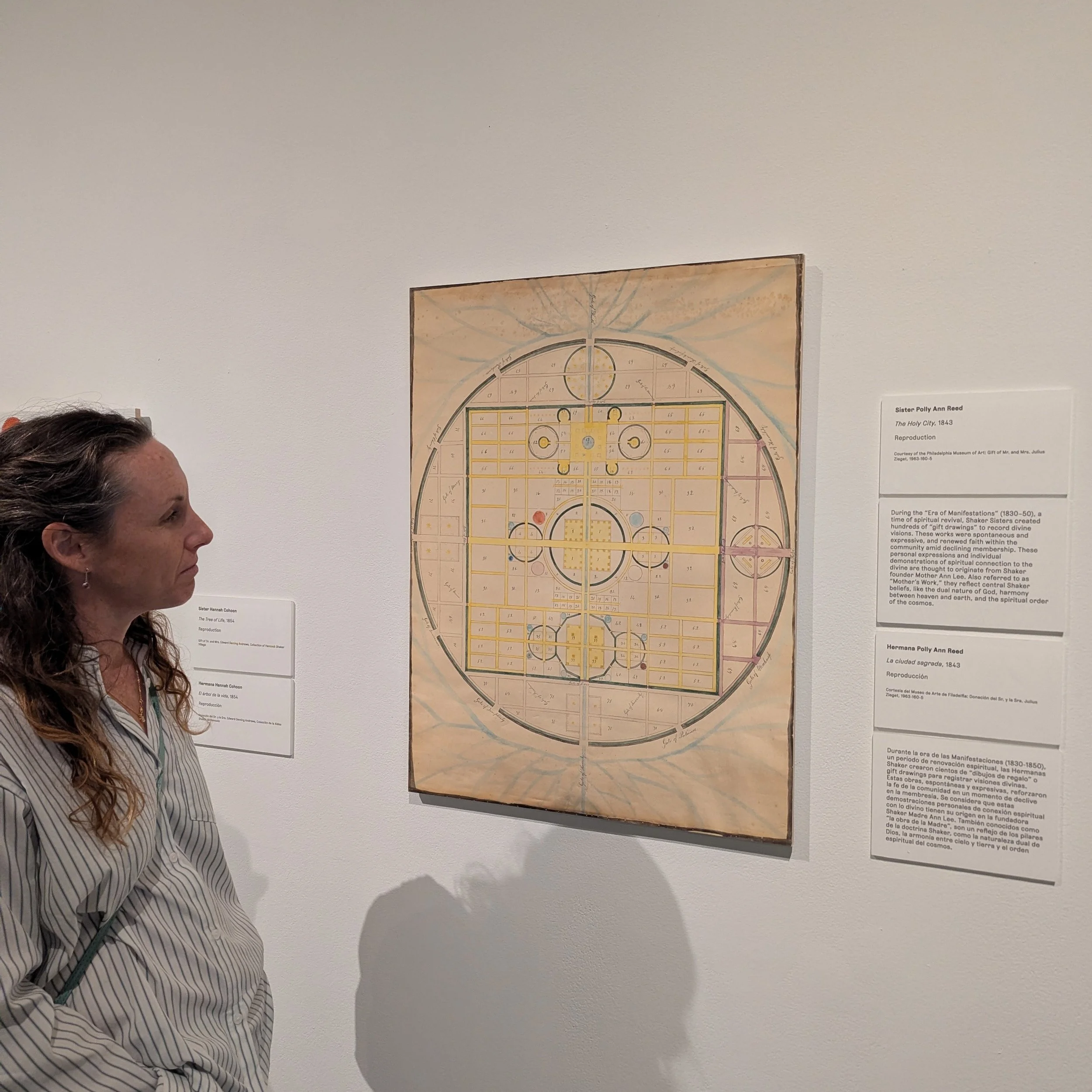 Walking around Philadelphia a few weeks ago with my sister, we stumbled into a very well-done exhibit on Shaker ideas (past and interpreted) at the Institute of Contemporary Art. I was really taken by The Holy City (1843) by Sister Polly Ann Reed. Th