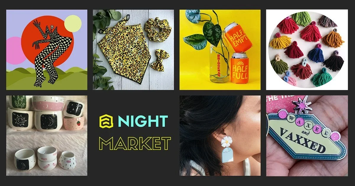 Collage of eight images including a cartoon giraffe, leopard print cloth and scrunchies, colorful candles with plant, colorful tassel earrings, ceramic cups with designs, Night Market sign, a woman with floral earrings, and a sticker that says "Vaxxed".