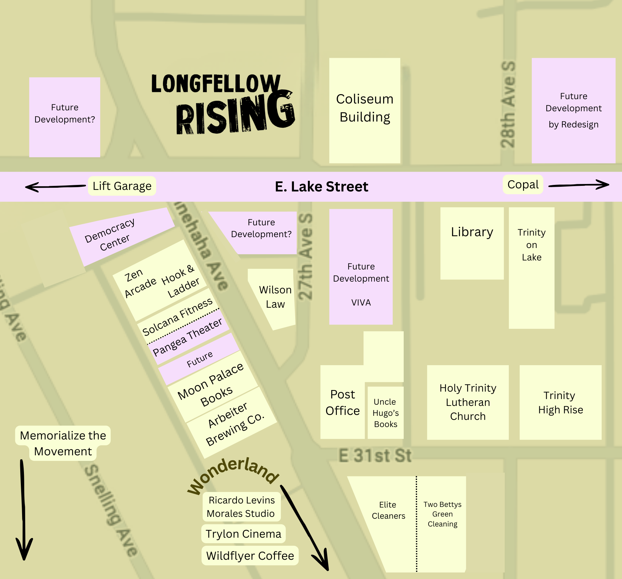 Map of Longfellow Rising with street names, buildings, and landmarks such as the Coliseum Building, library, Trinity on Lake, Moon Palace Books, and Wonderland, showing proposed future developments and existing locations.