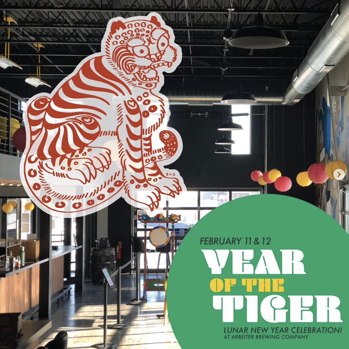 Interior of a brewery decorated for Lunar New Year celebration, featuring Japanese-style dragon and tiger lantern art, colorful hanging paper lanterns, and a large green circle with event details for February 11 and 12.