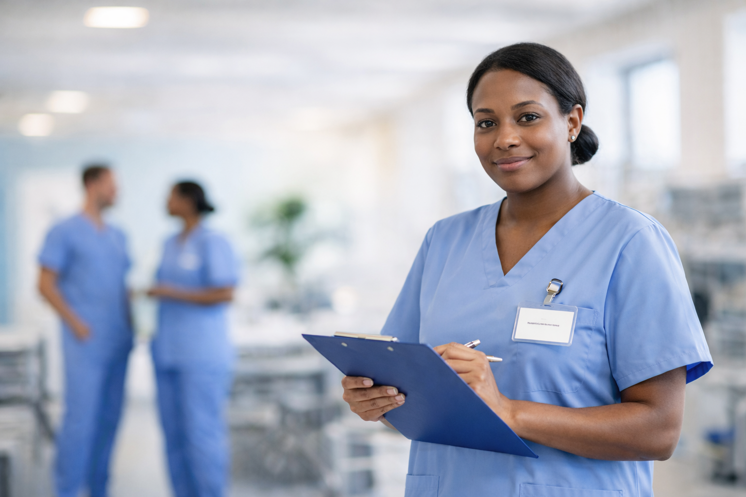A female nurse in blue scrubs holding a clipboard and pen, smiling at the camera, in a hospital setting with two colleagues blurred in the background.