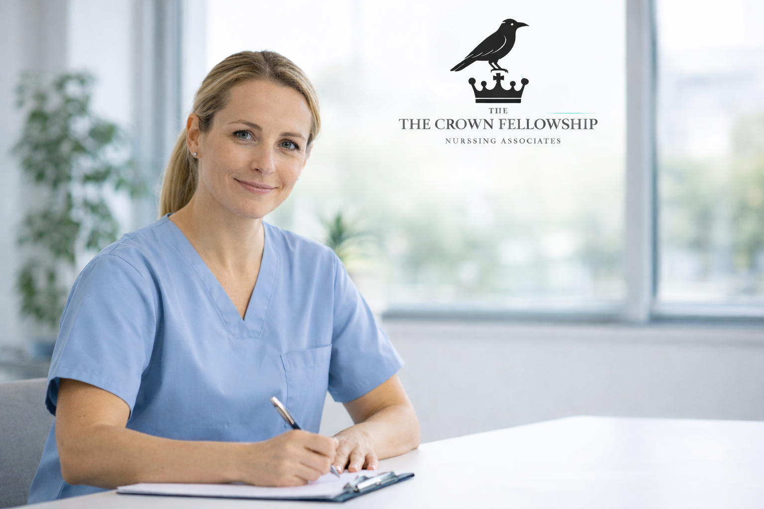 A female nurse in blue scrubs sitting at a desk, smiling, with a clipboard and pen in front of her, in a bright room with windows and plants in the background, with a logo that says 'The Crown Fellowship Nursing Associates' and features a bird perched on a crown.
