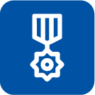 Medal icon with a ribbon and gear symbol on a blue background