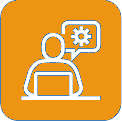 An icon representing a person with a speech bubble containing a gear symbol, indicating communication or ideas related to technology or problem-solving.