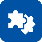 Puzzle pieces with gear shape in the center on a blue background.