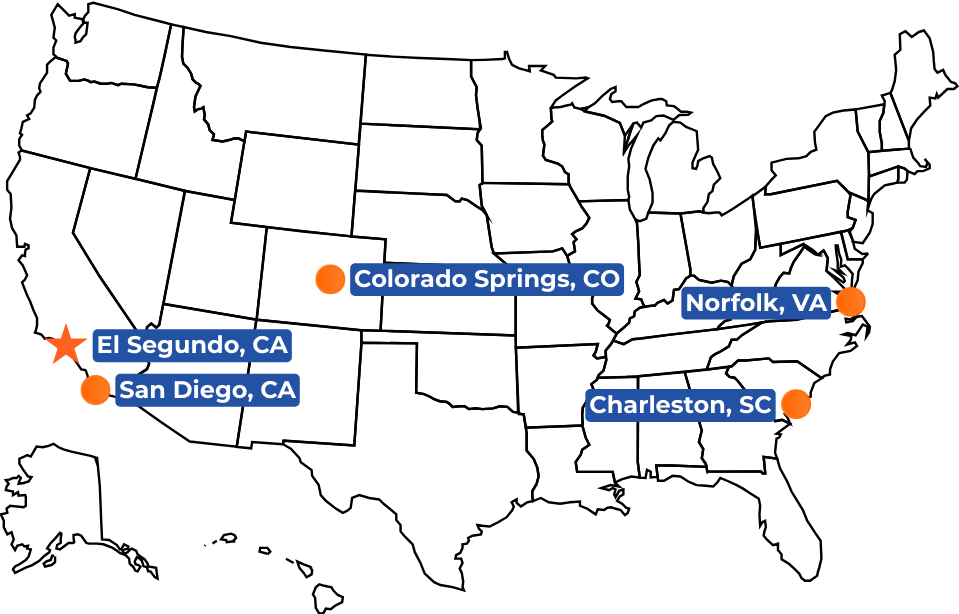Map of the United States showing locations of various cities with labels and orange markers, including El Segundo and San Diego in California, Colorado Springs in Colorado, Norfolk in Virginia, Charleston in South Carolina.