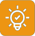 Lightbulb icon with check mark inside and rays around it on an orange background