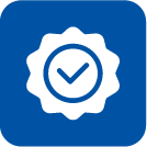 Blue badge with white checkmark in center, indicating approval or certification