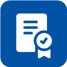 Icon of a document with a checkmark badge, representing certification or approval.