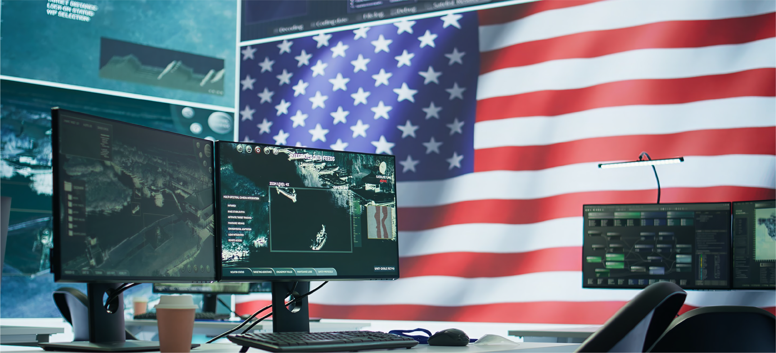 Office workspace with multiple computer monitors displaying data and graphics, with a large American flag hanging on the wall in the background.