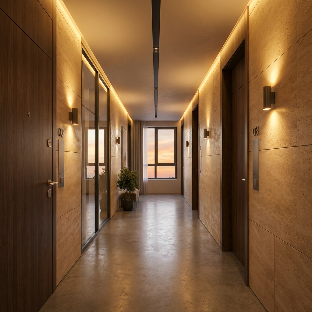 Modern apartment hallway with wood and stone walls, illuminated by wall sconces, featuring elevators and a large window at the end showing a sunset sky.