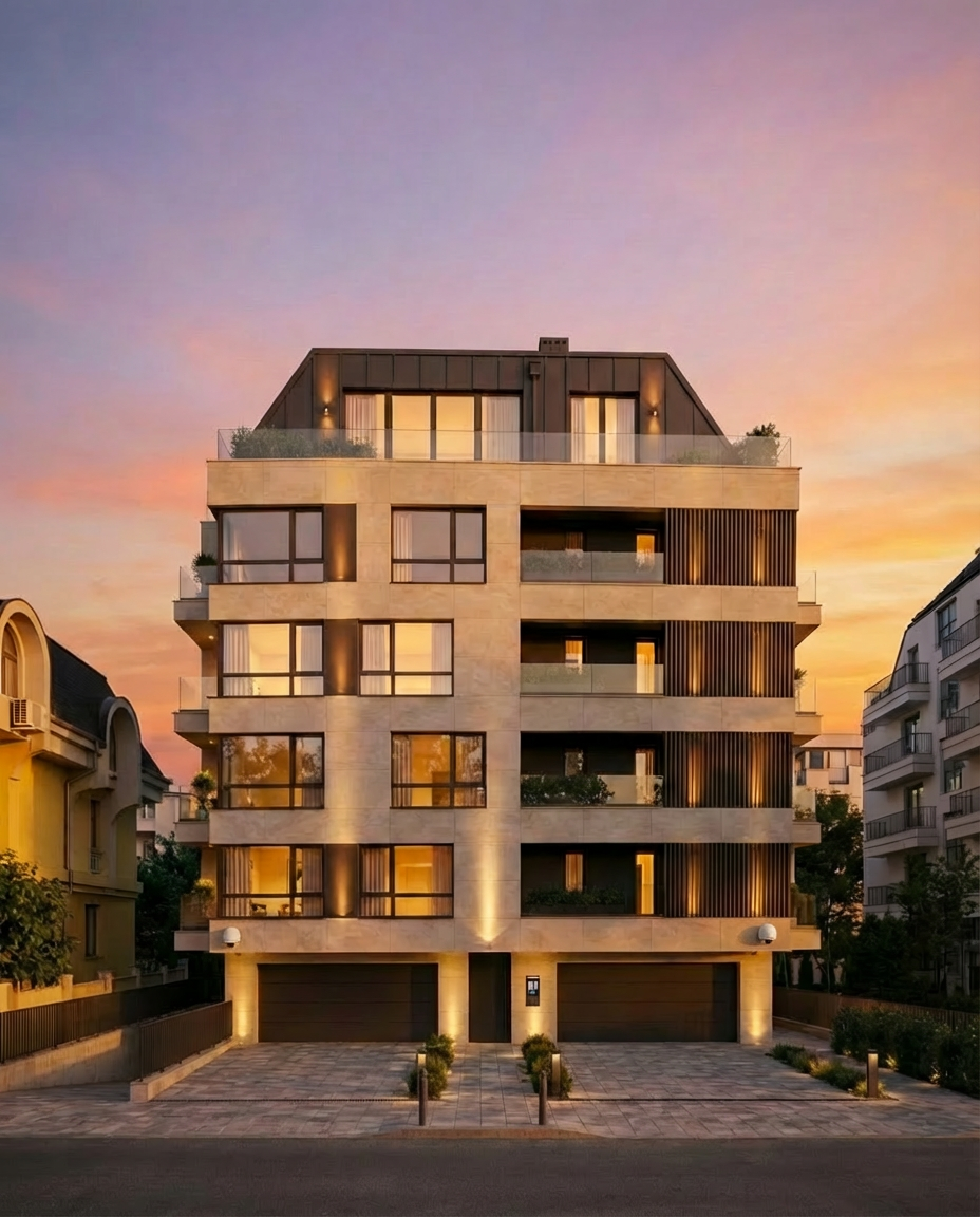 Modern multi-story residential building at sunset with a garage and landscaped driveway.
