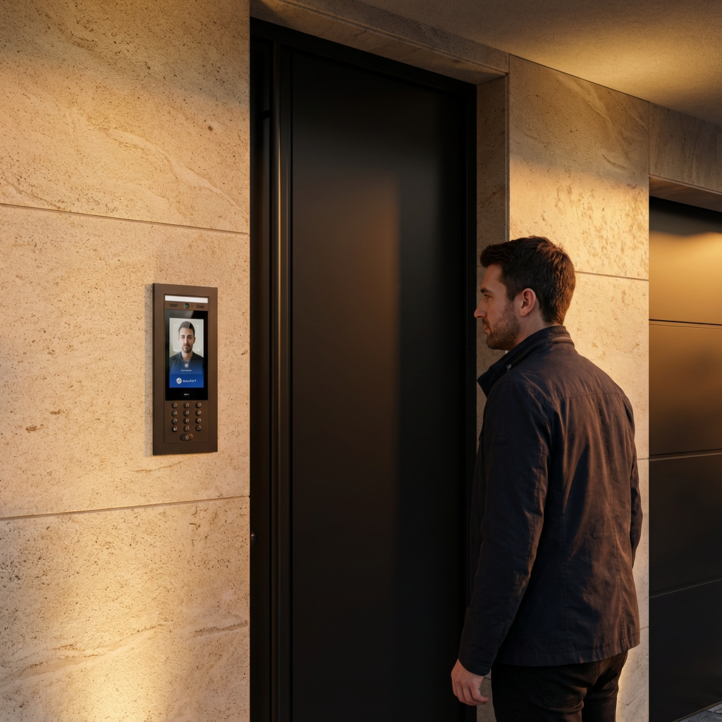 A man in a dark jacket is standing in front of the main door, looking at a security and access control panel with a display screen showing his face for biometric verification.