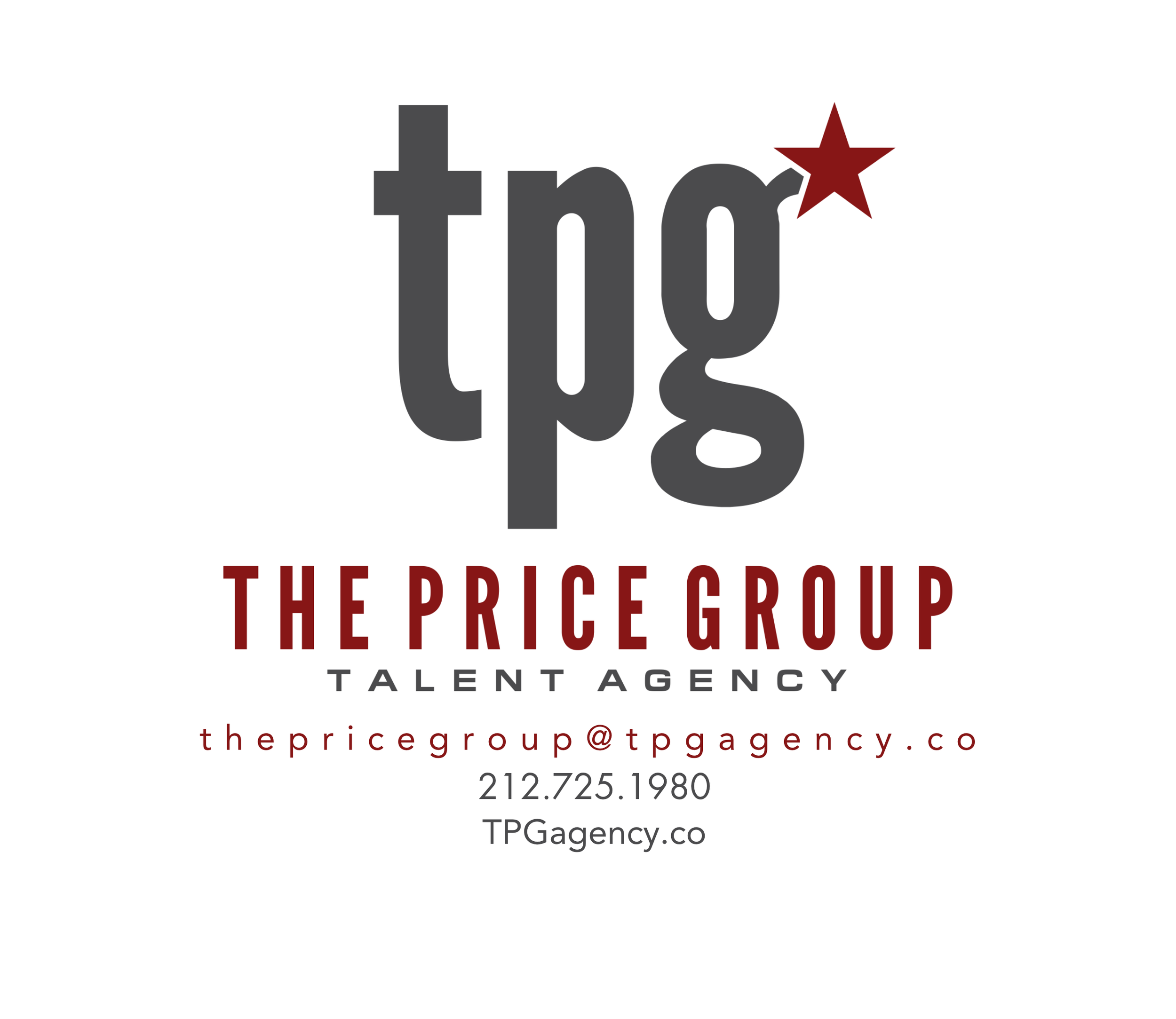 Logo for The Price Group Talent Agency, featuring the initials 'tpg' with a red star over the 'g', contact information, and website link.