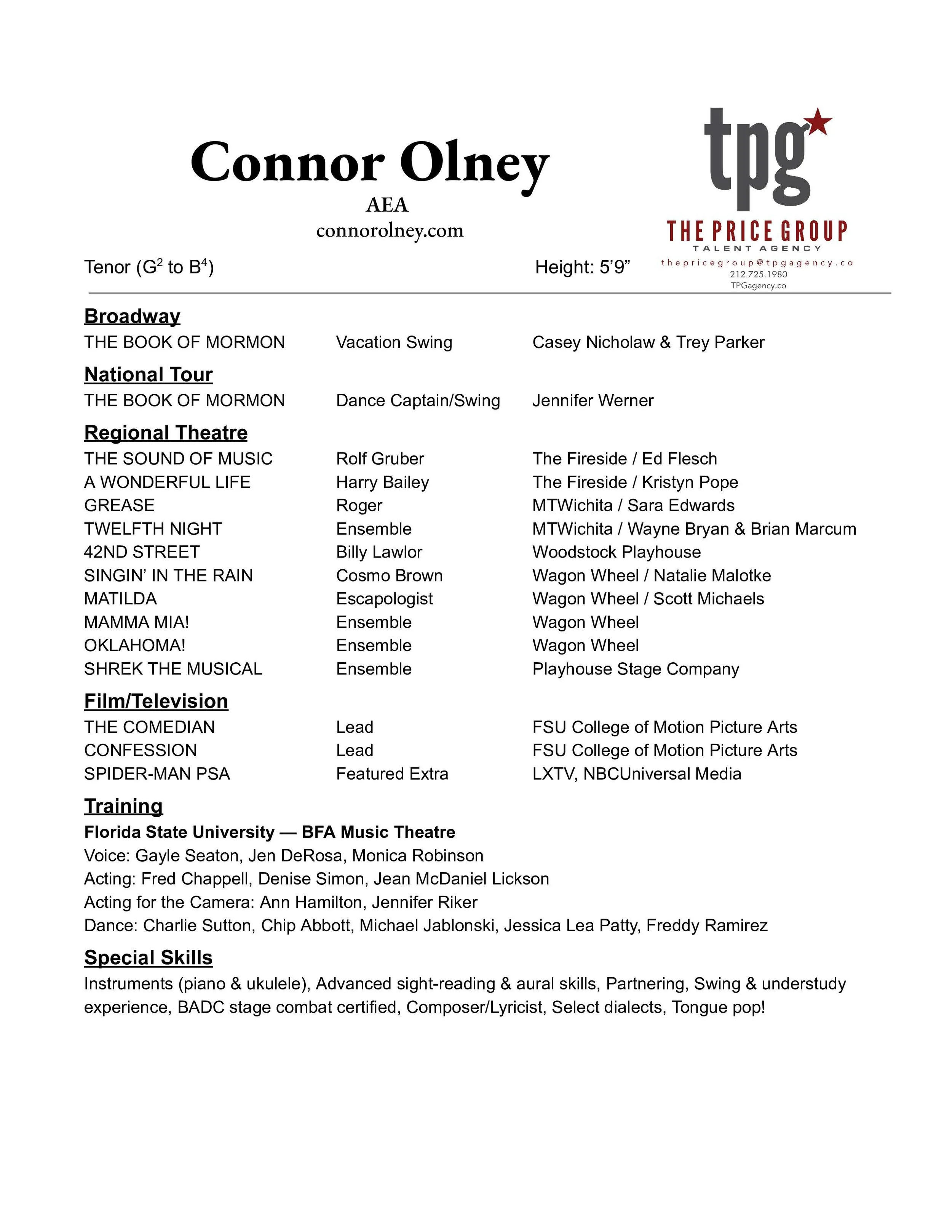 A theatrical resume for Connor Olney, listing education, acting, singing, dance, and special skills, with logos of TPG "The Price Group Talent Agency" and his website at the top.