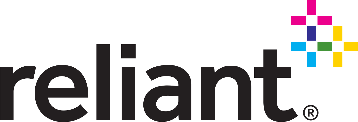 The logo features the word 'reliant' in lowercase black letters, with a colorful plus sign made of smaller squares in pink, blue, green, yellow, and black to the upper right of the text.