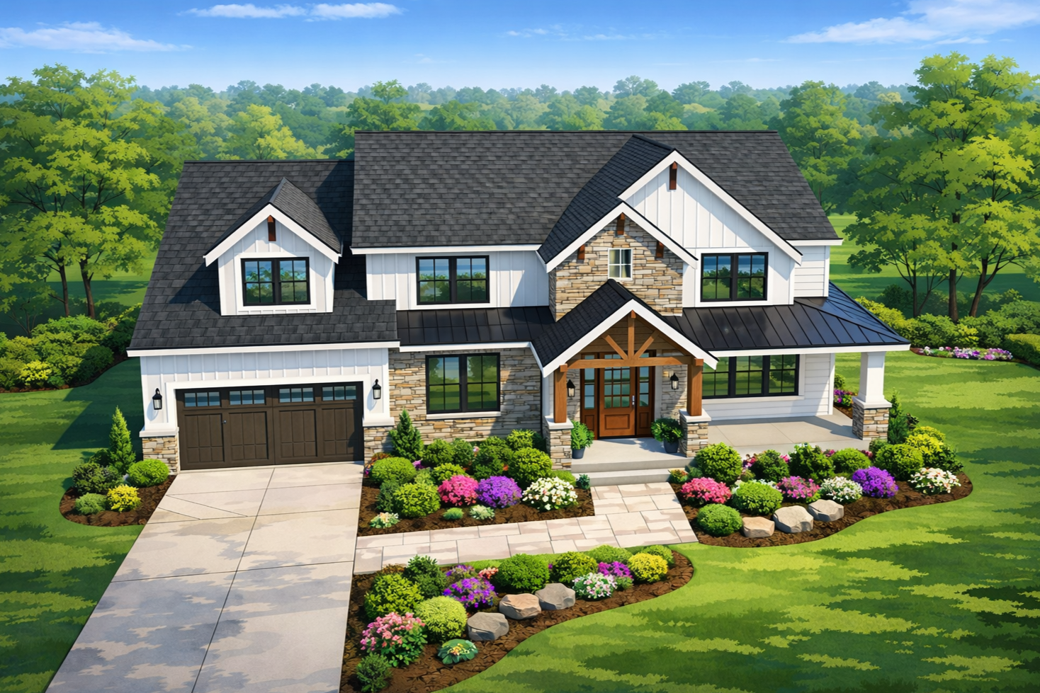 A modern two-story house with a dark gray roof, white siding, and stone accents, surrounded by a well-manicured garden with colorful flowers and lush green lawn.