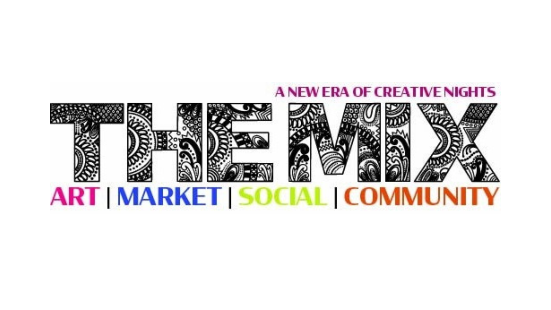 Text-based graphic featuring the word 'THEMIX' with black-and-white intricate patterns, accompanied by the phrase 'A NEW ERA OF CREATIVITY' in purple. Below, categories 'ART', 'MARKET', 'SOCIAL', and 'COMMUNITY' are listed in pink, blue, green, and orange respectively, separated by vertical bars.