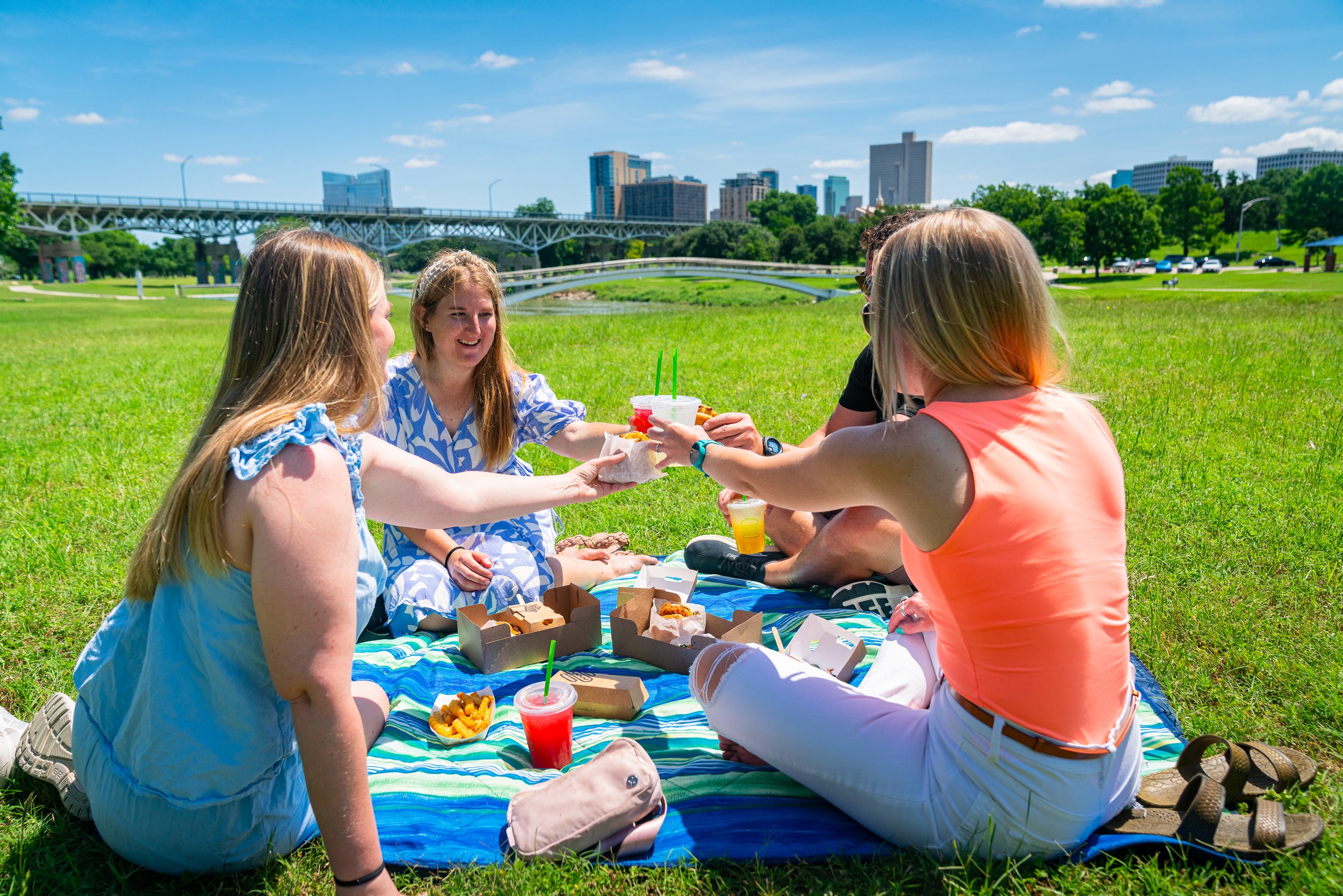Six people having a picnic on a grassy field with a city skyline in the background. They are sitting on a blanket, sharing food and drinks, with blue skies and some clouds overhead.