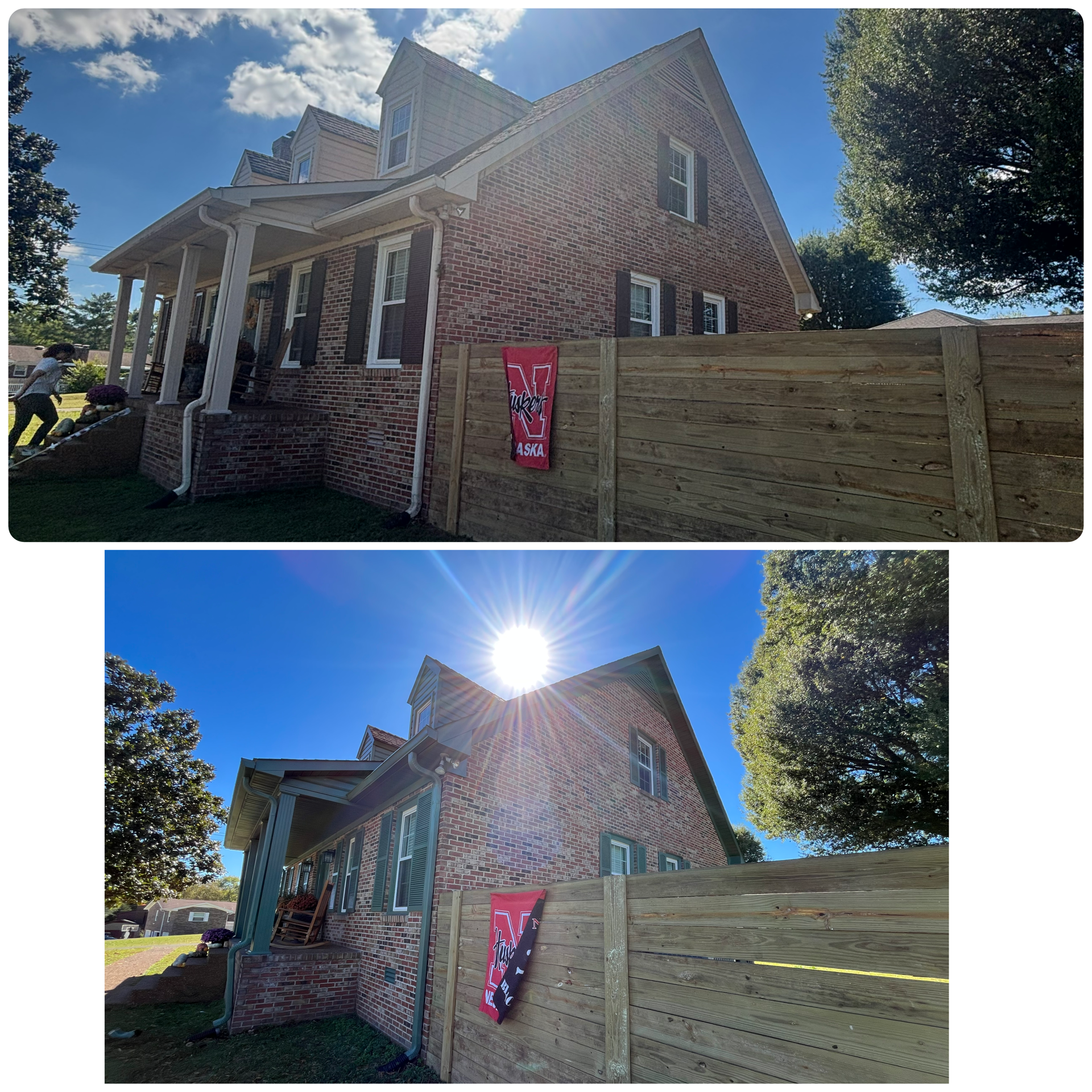 Side view of a brick house with a porch and white columns, a wooden fence with a red Nebraska banner, trees, and a clear blue sky, with the sun shining brightly in the second image.