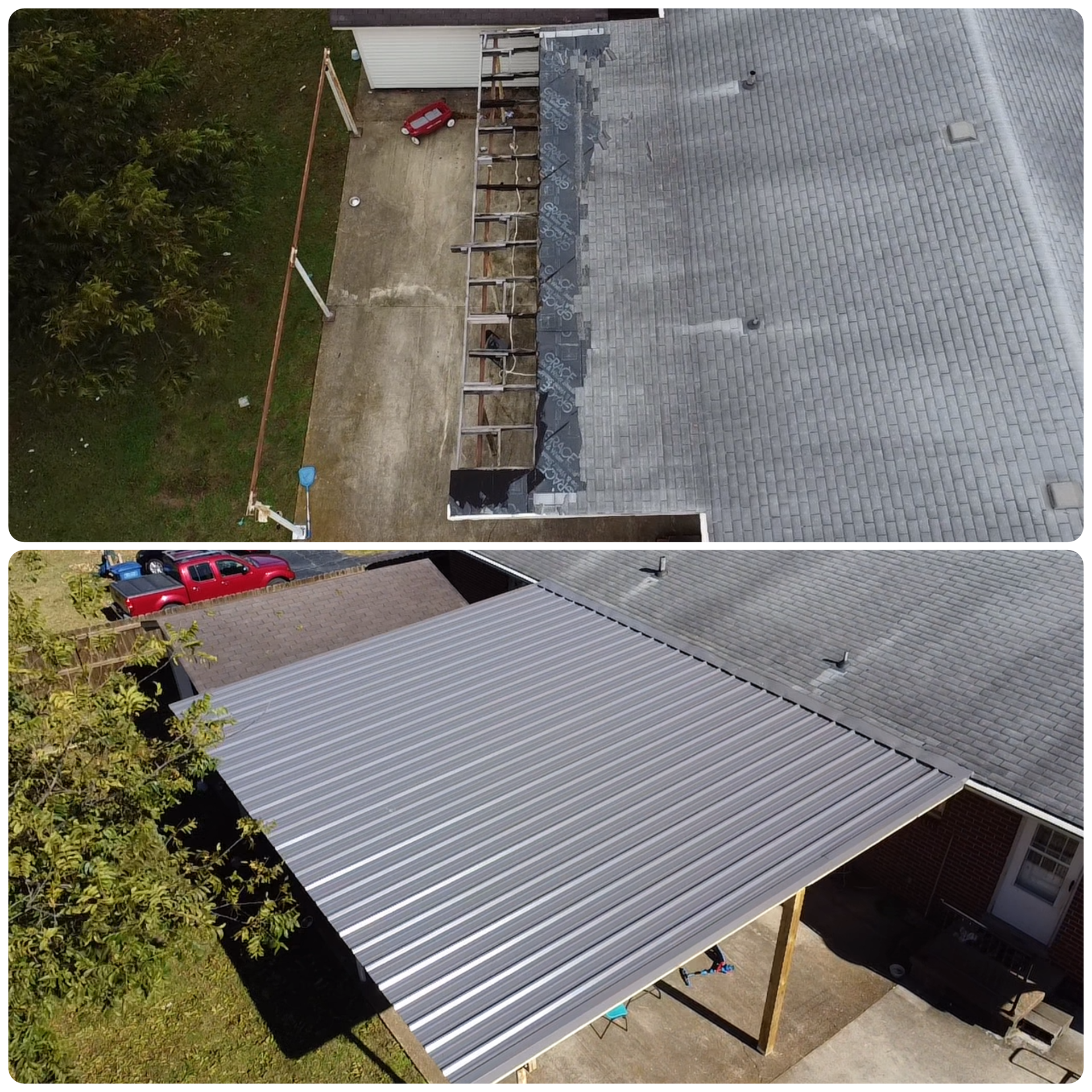 Before and after images of a roofing project. The top image shows a house roof with missing shingles and ongoing repairs, while the bottom image shows the same roof with new metal roofing installed.