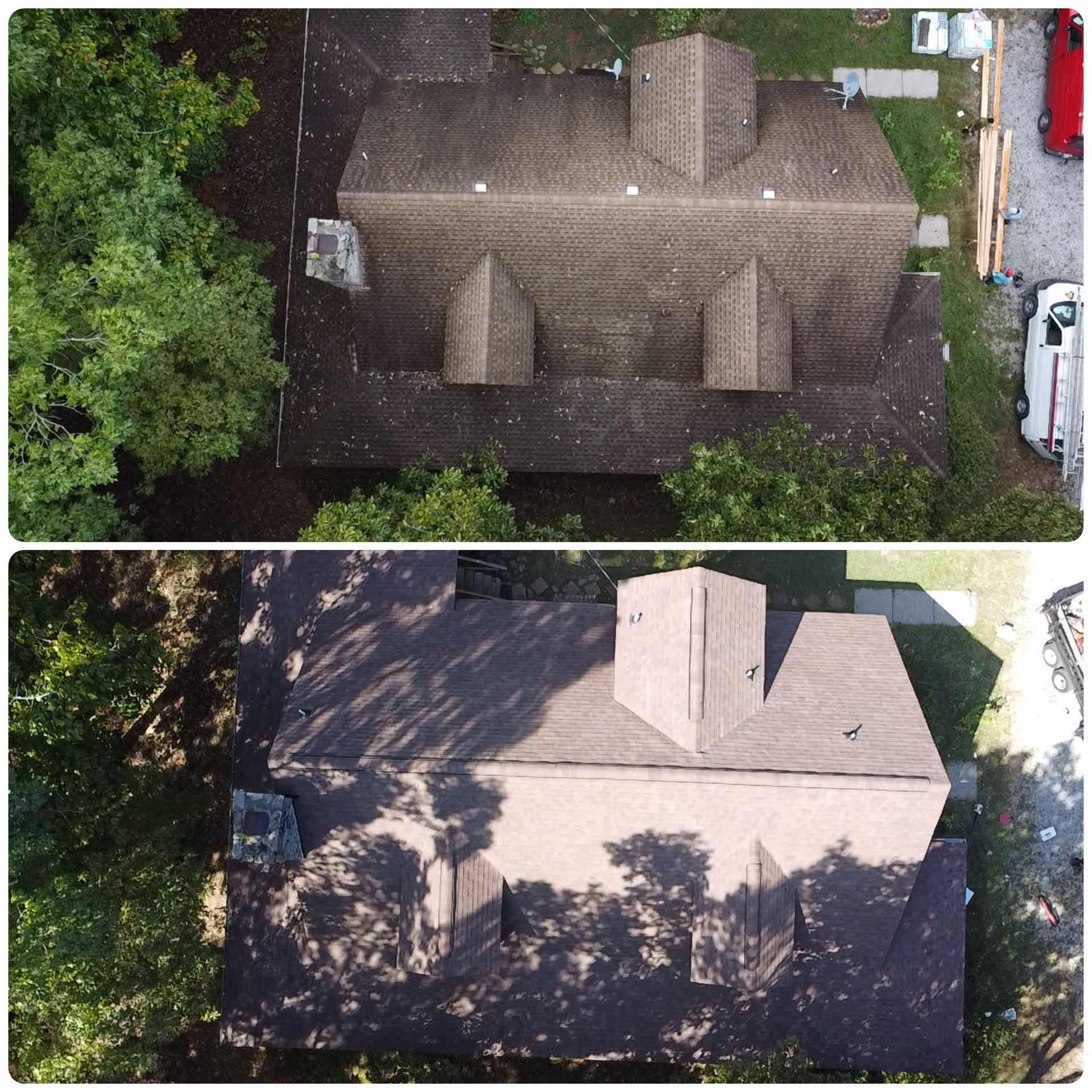 Comparison of a house roof before and after cleaning and new roofing installation. Top image shows an older, darker, weathered roof. Bottom image shows a clean, new, lighter-colored roof with shadows of trees cast on it.