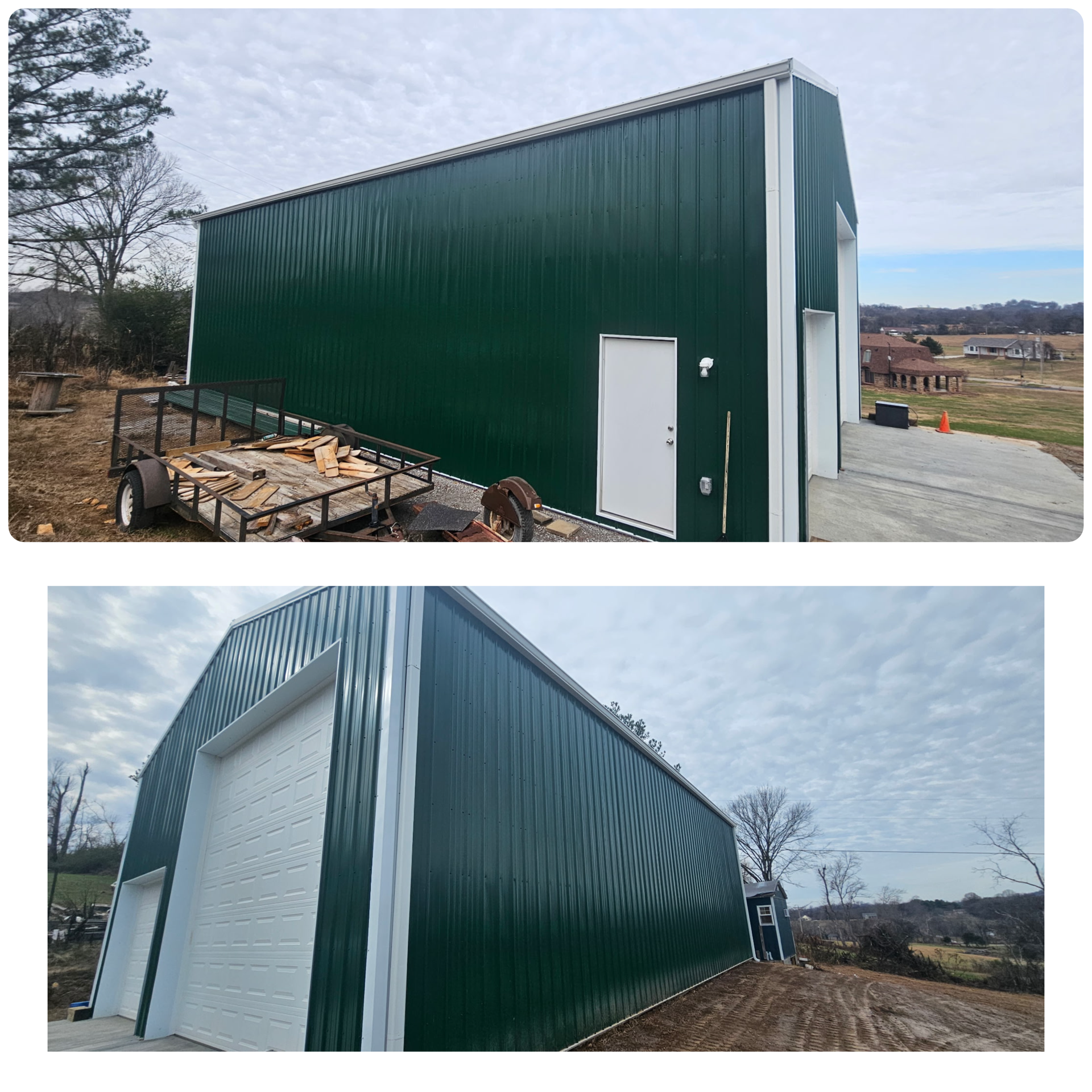 Construction of a green metal storage building with a side door and a garage door, situated on a rural area with open fields and trees, with construction materials and equipment nearby.