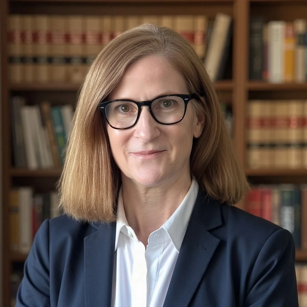 A woman with shoulder-length light brown hair wearing glasses, a white shirt, and a dark blazer, standing in front of a bookshelf filled with books.