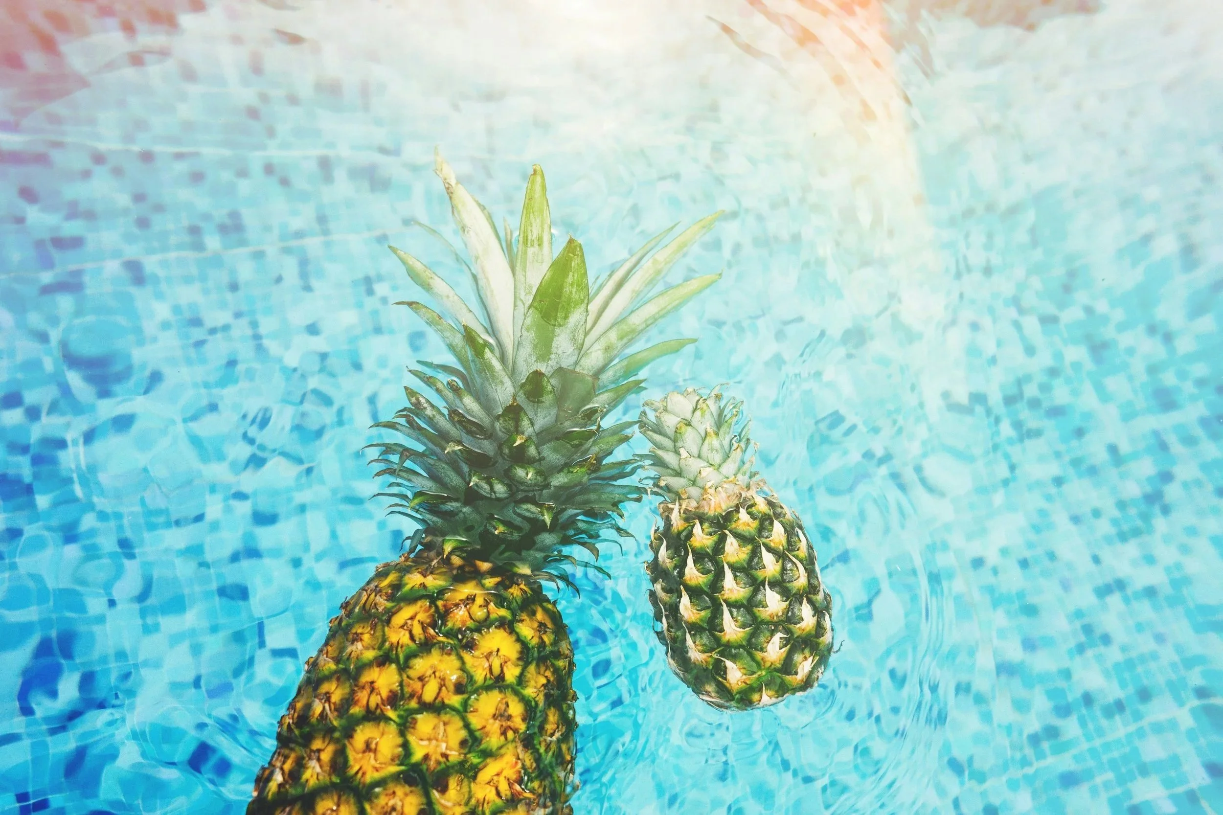 Two pineapples floating in a swimming pool with blue water and a tiled bottom.