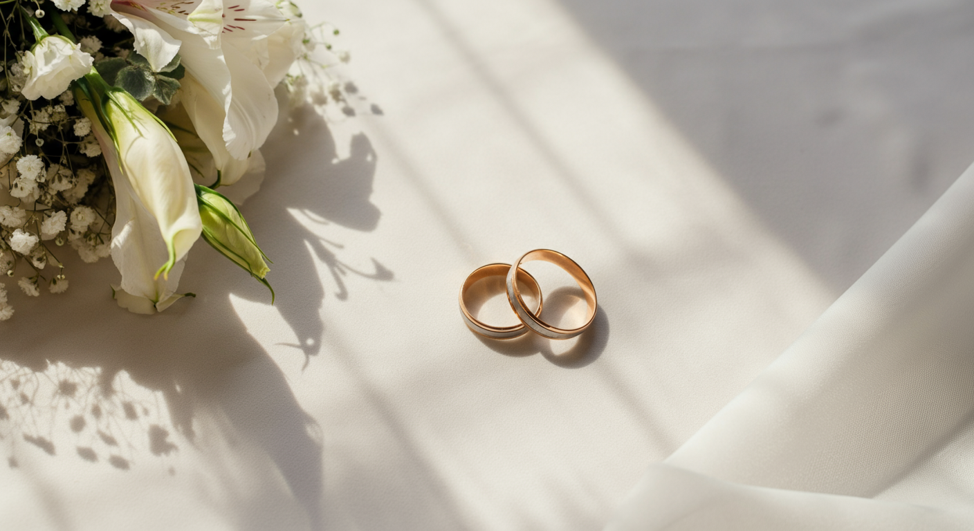 A pair of gold wedding rings placed on a white tablecloth next to a bouquet of white flowers.
