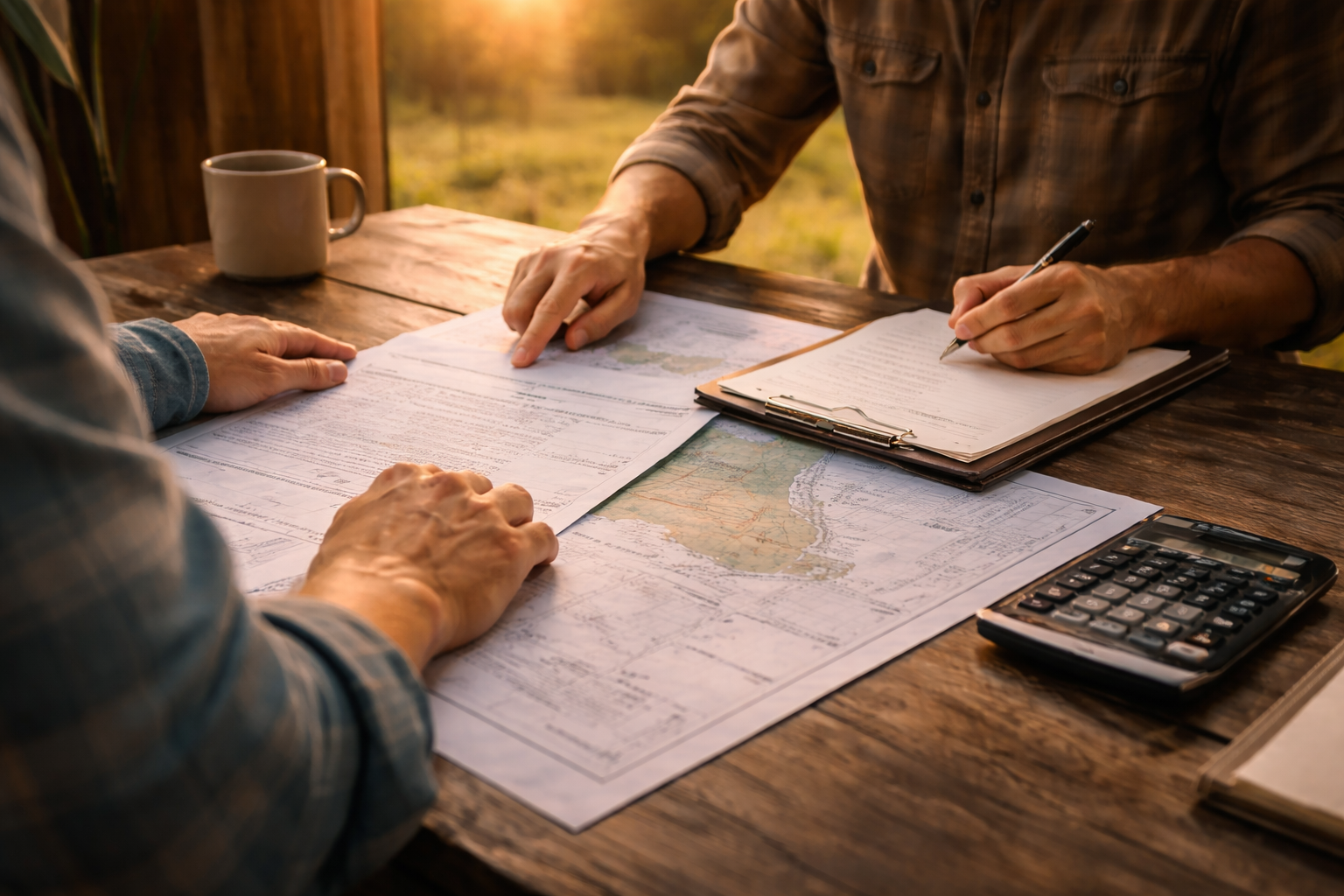 Two people sitting at a wooden table reviewing maps, documents, and notes, with a coffee mug and calculator visible.