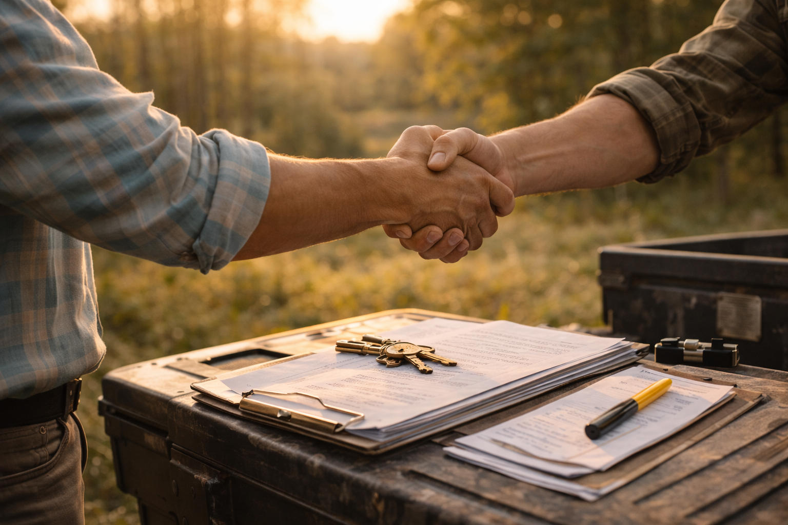 Two people shaking hands outdoors during sunset, with a table holding papers, keys, and a pen in the foreground.