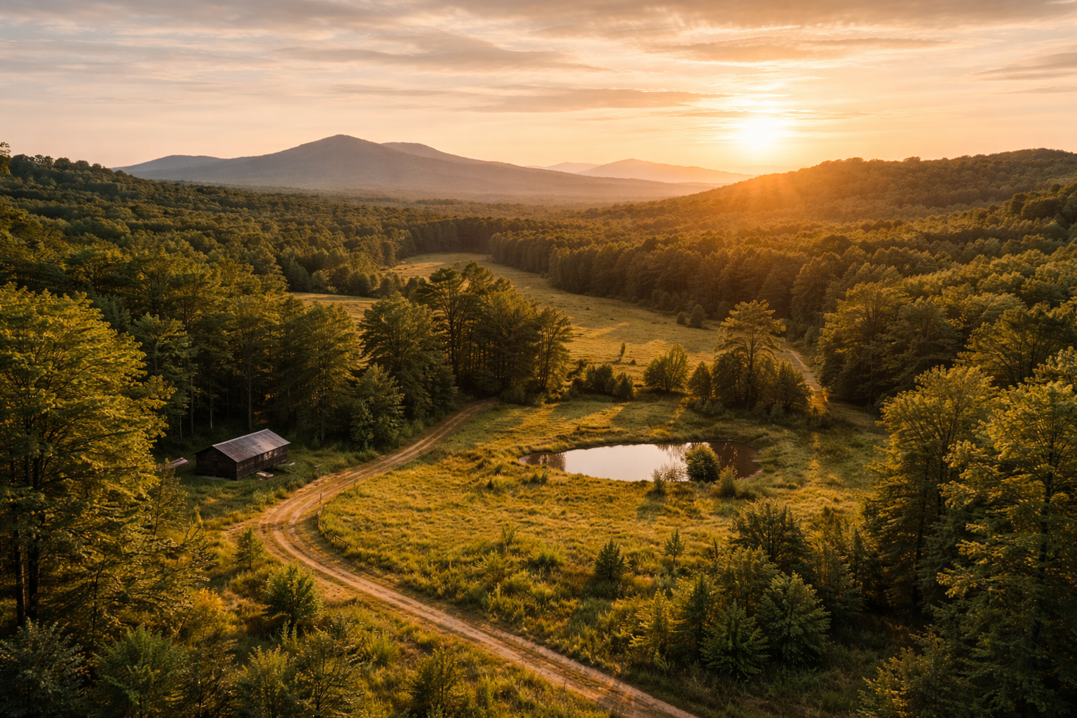 Sunset over a lush green valley with a small pond, a winding dirt road, and a wooden barn surrounded by trees.