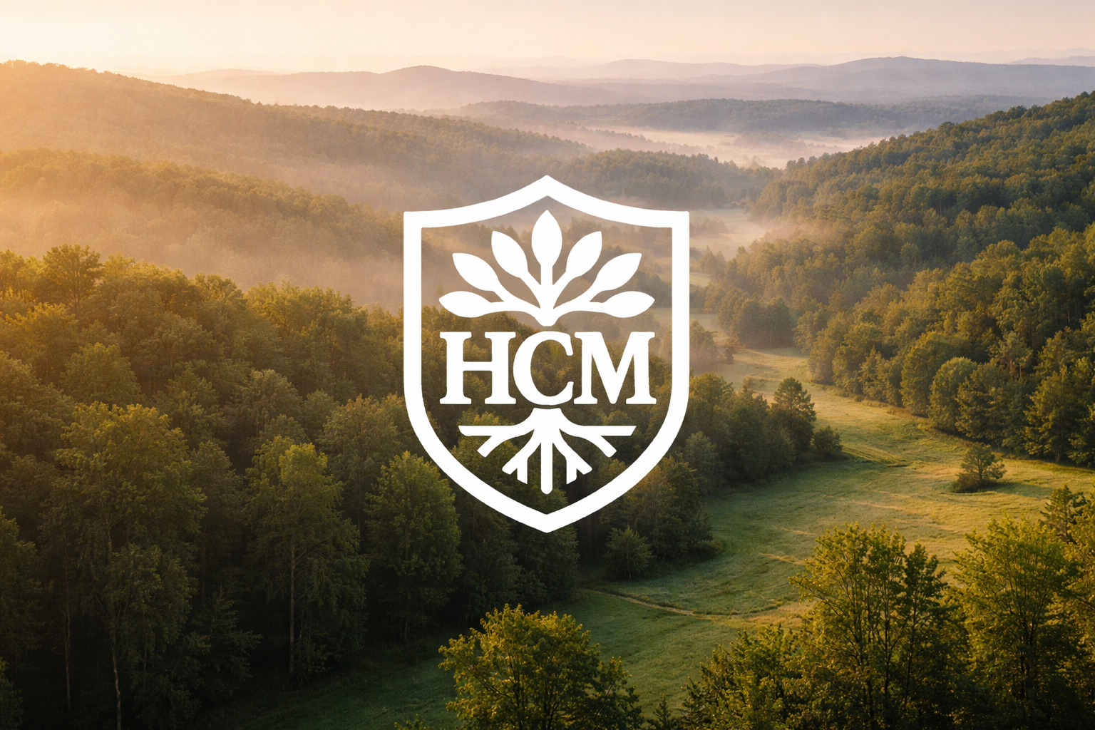 Sunrise over a green forested valley with mist, overlaid with a white emblem featuring a tree and the letters 'HCM' in the center.
