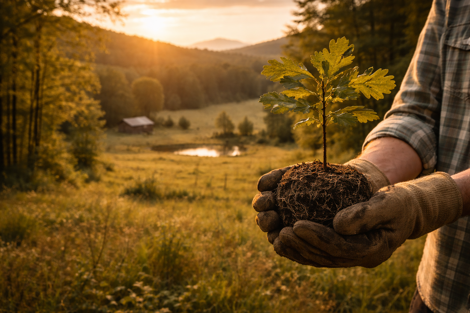 A person in gardening gloves holding a small tree seedling with a root ball at sunset in a rural landscape with a pond and hills in the background.