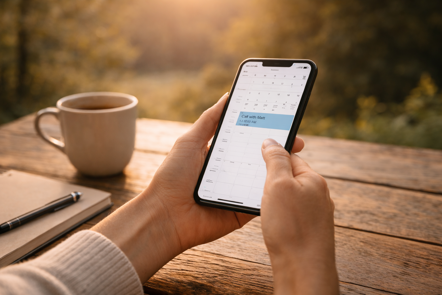 Person holding a smartphone showing a calendar with a scheduled call, on a wooden table outdoors with a cup of coffee, a notebook, and a pen, in warm sunlight.