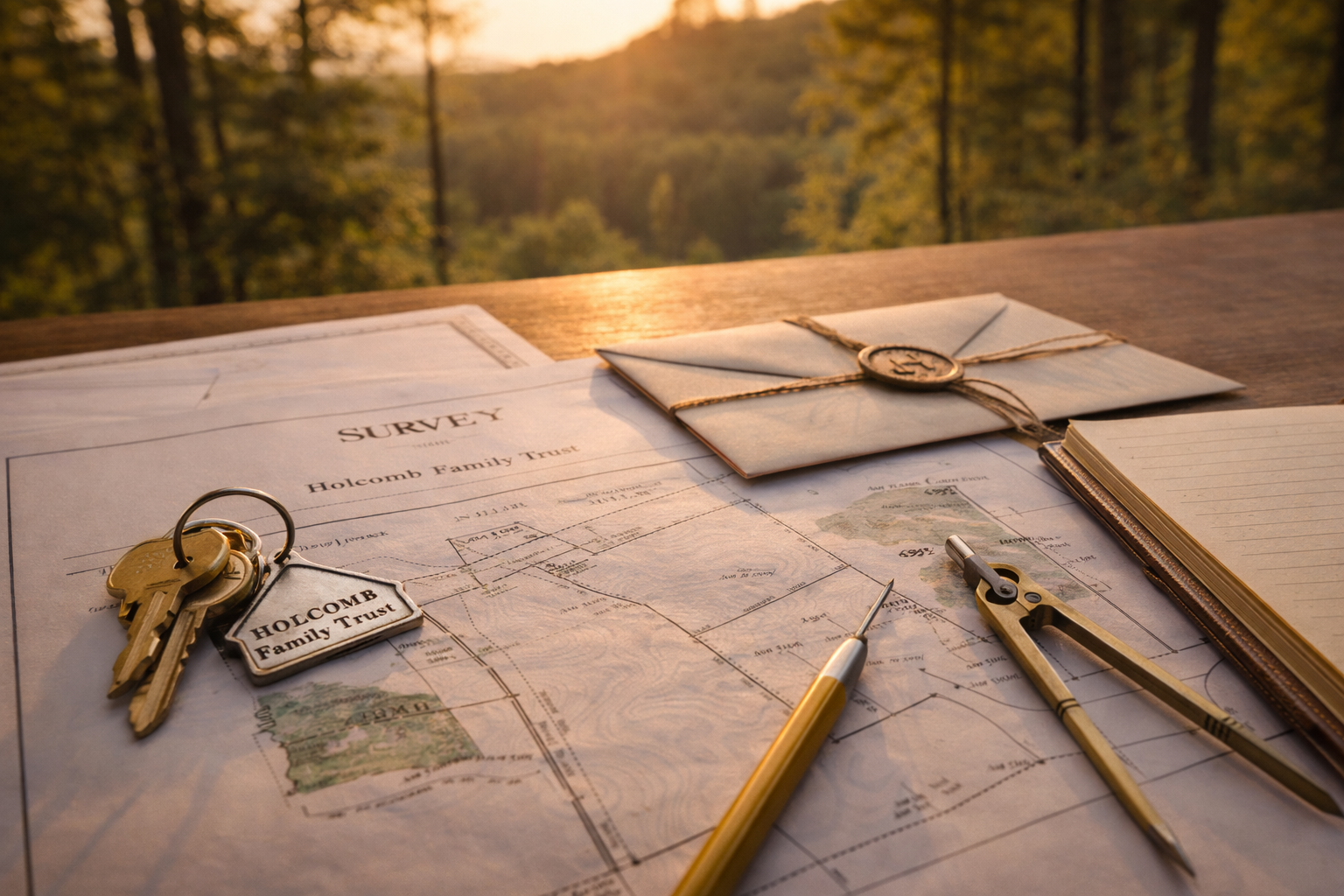 Survey map and keychain labeled 'Holcomb Family Trust' on a wooden surface with envelopes and writing tools, outdoors during sunset.