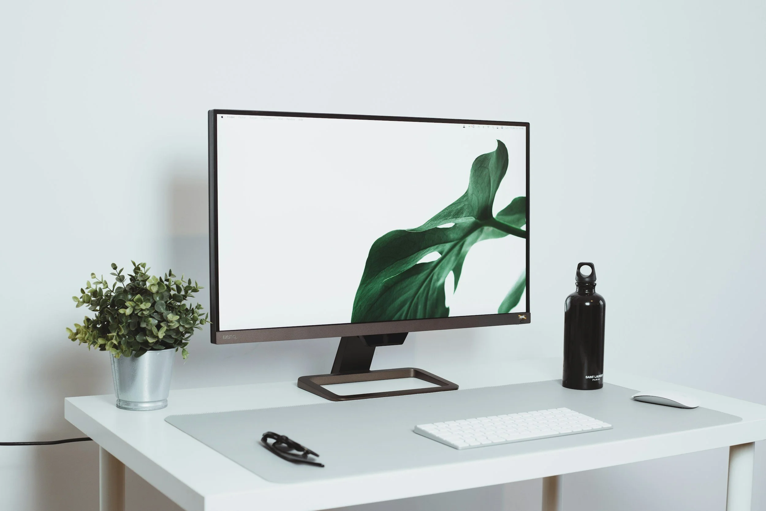 A computer desk setup with a monitor displaying a leaf image, a potted plant, a water bottle, glasses, a keyboard, and a mouse on a white desk against a light-colored wall.