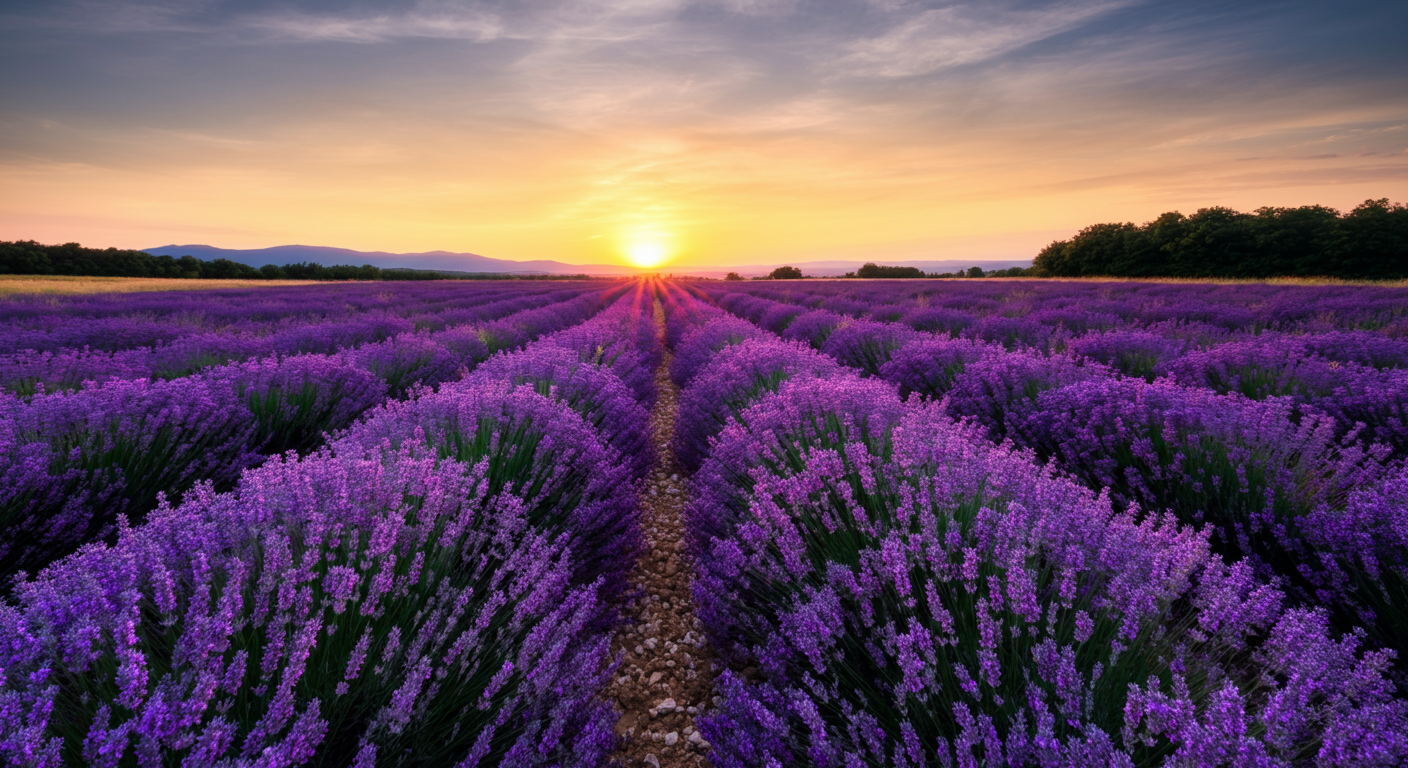 A field of blooming purple lavender plants at sunset with rows of lavender stretching into the distance, mountains on the horizon, and a partly cloudy sky.