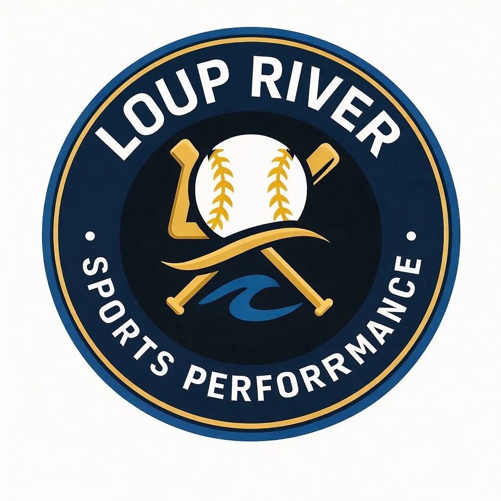 Round logo for Loup River Sports Performance with a baseball, two baseball bats, and a wave in blue and gold colors.