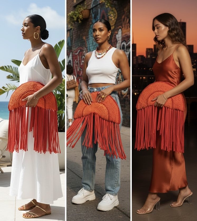 Three women each holding an orange woven clutch with fringe, wearing different outfits—white dress on the beach, casual jeans and crop top in an urban setting, and satin dress at sunset.