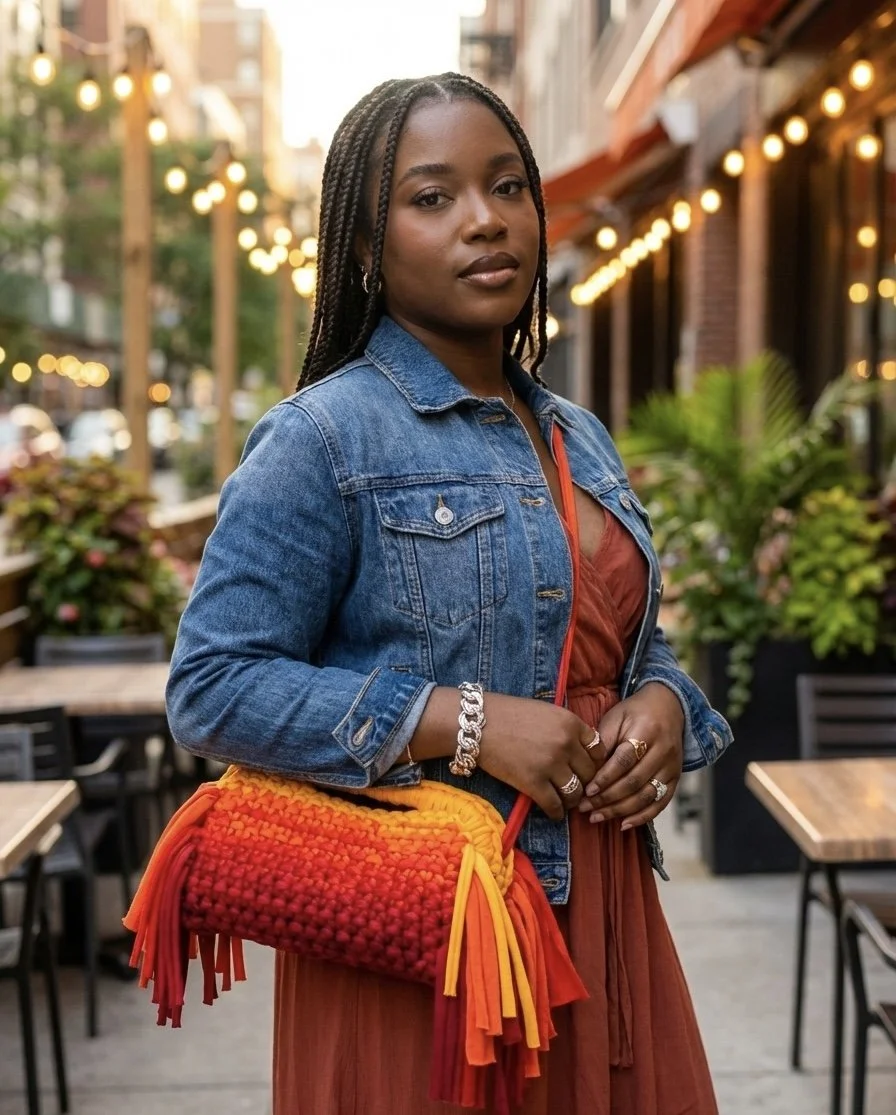 A woman with dark skin, long braided hair, wearing a denim jacket, rust-colored dress, and holding a vibrant red-orange crocheted bag, stands outdoors at a restaurant or cafe during evening with string lights and plants in the background.
